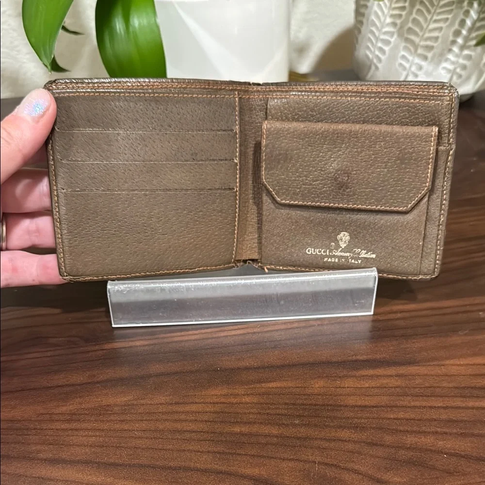 Gucci Monogram Bifold Wallet with Brown Leather Trim